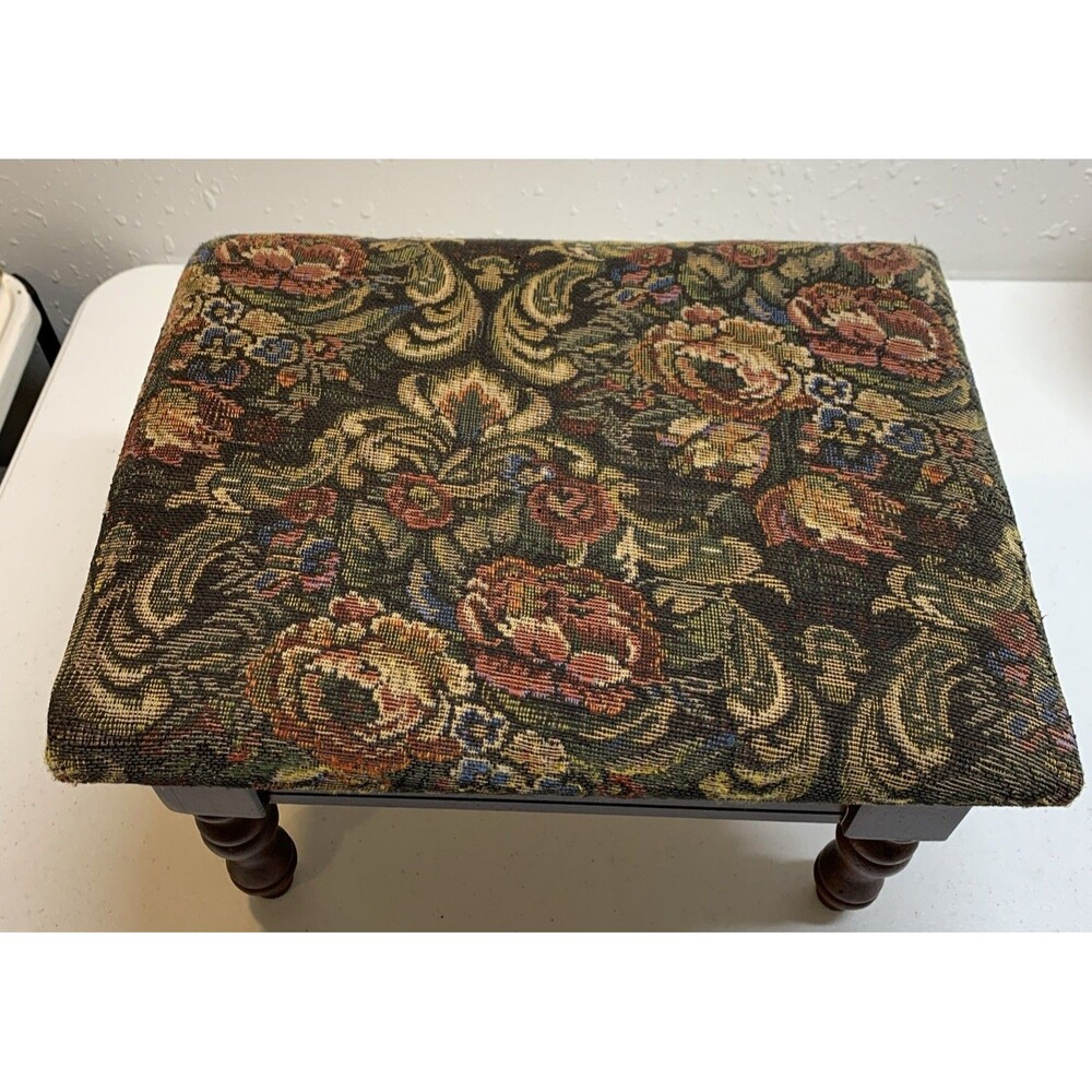 Vintage Country Floral Tapestry FootStool Wood Ottoman Sewing Box Storage